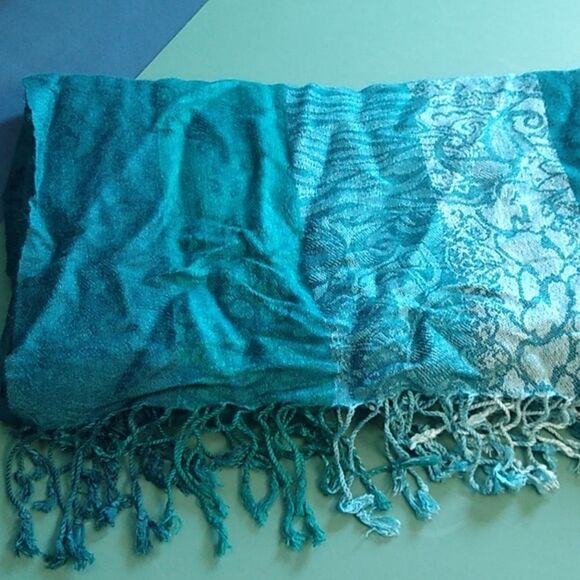 Teal Patchwork Women's Scarf with Fringe - Picture 6 of 6